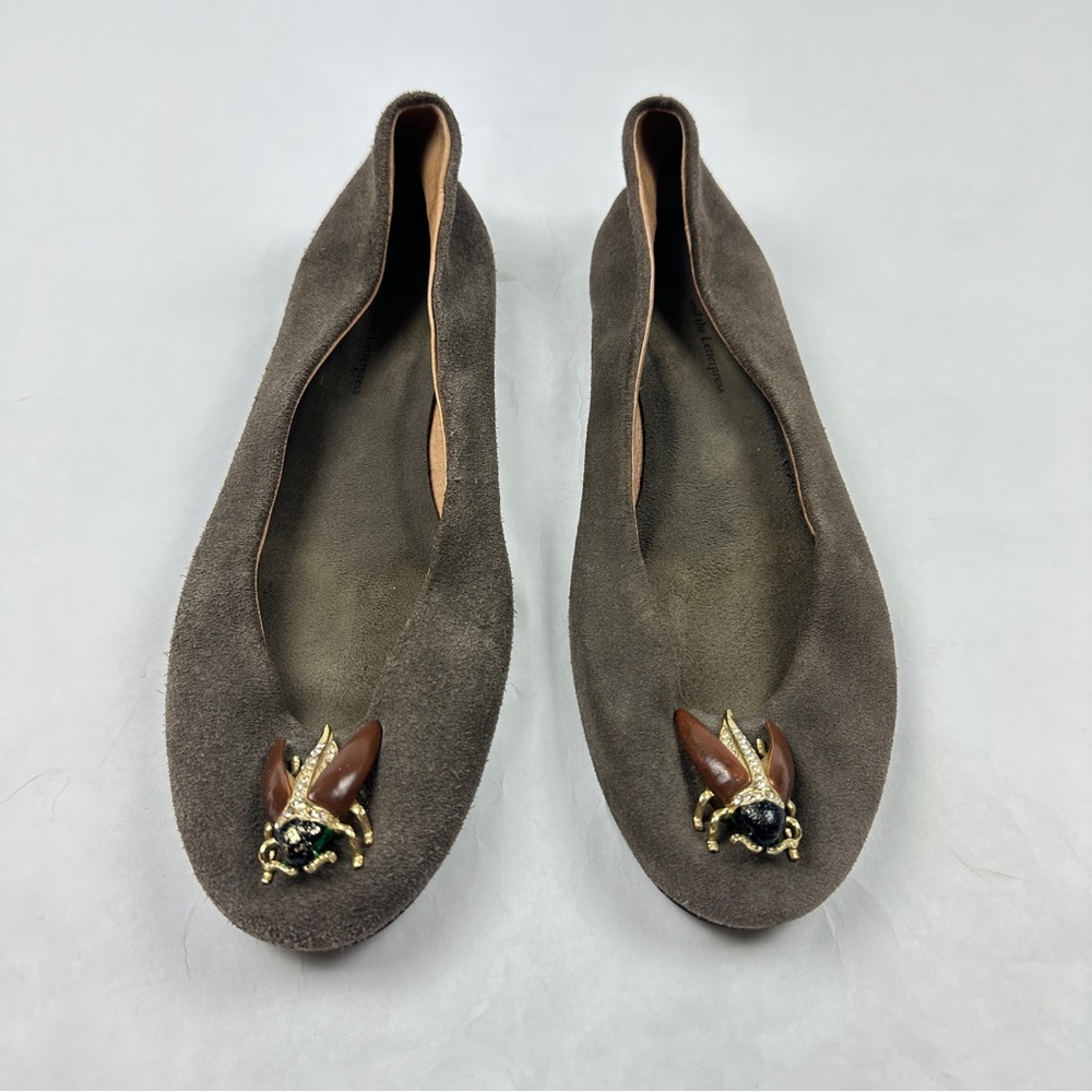 Pilcro and the Letterpress Ballet Flats Women 7B Taupe Suede Beetle Embellished